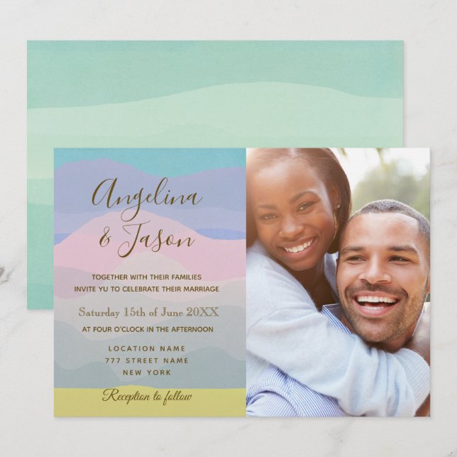 Pastel Watercolor Wedding Photo Invitation (Front/Back)