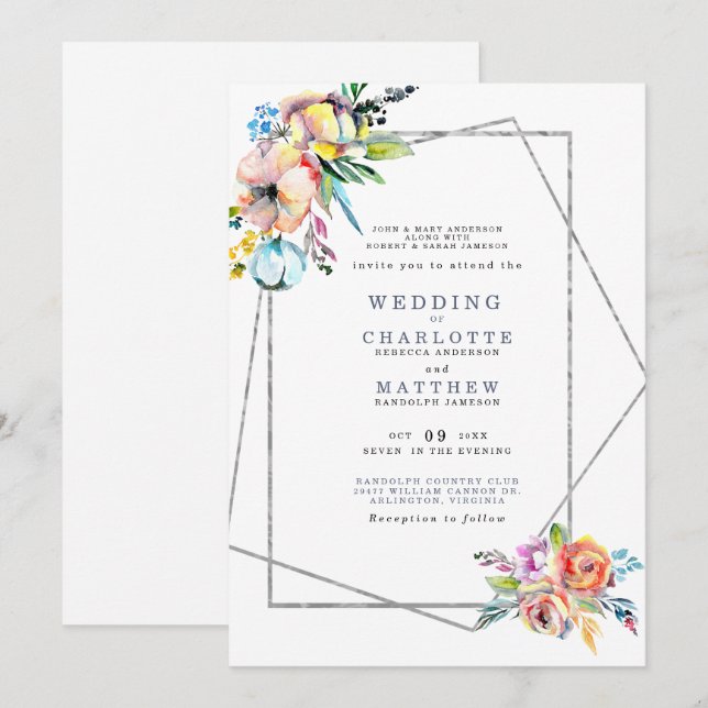 Pastel Watercolor White Both Parents Wedding   Invitation (Front/Back)