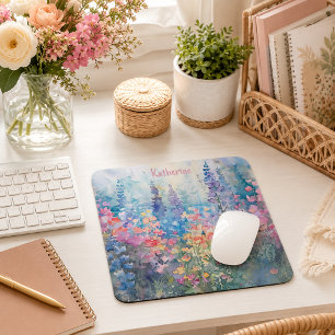 Pastel Watercolor Wildflower Meadow Name Mouse Mat