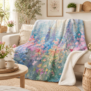 Pastel Watercolor Wildflower Meadow Sherpa Blanket