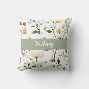Pastel Watercolor Wildflower Monogram Name Cushion