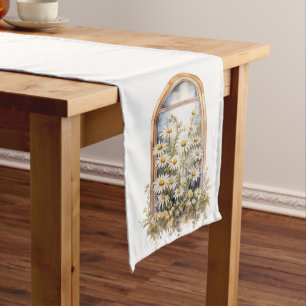PASTEL WATERCOLOR WILDFLOWERS IN A WINDOW LONG TABLE RUNNER