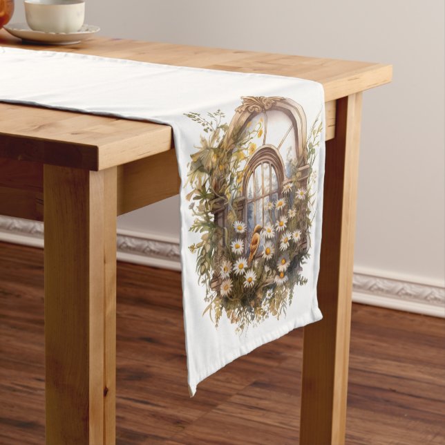PASTEL WATERCOLOR WILDFLOWERS IN A WINDOW LONG TABLE RUNNER (In Situ)