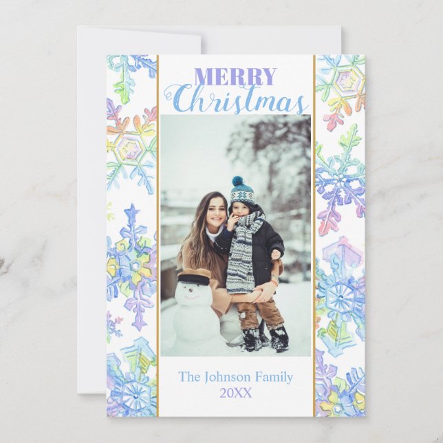 Pastel Watercolor Winter Snowflake Photo Christmas (Front)