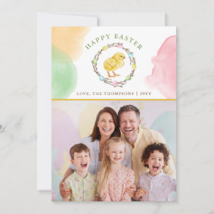 Pastel Watercolor Wreath And Chick Easter Photo Card