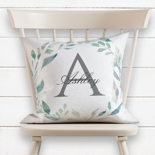 Pastel Watercolor Wreath Name Initial Monogram Cushion