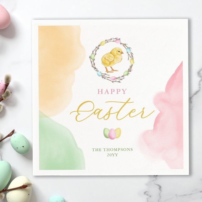Pastel Watercolor Yellow Baby Chick Happy Easter Napkin (Creator Uploaded)