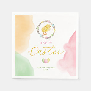 Pastel Watercolor Yellow Baby Chick Happy Easter Napkin