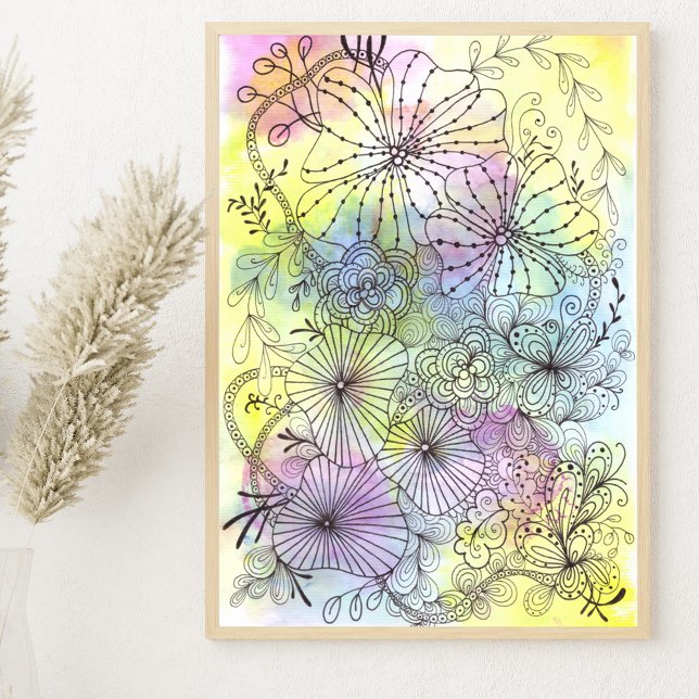 Pastel Watercolors Elegant Florals Black Line Art  Poster (Creator Uploaded)