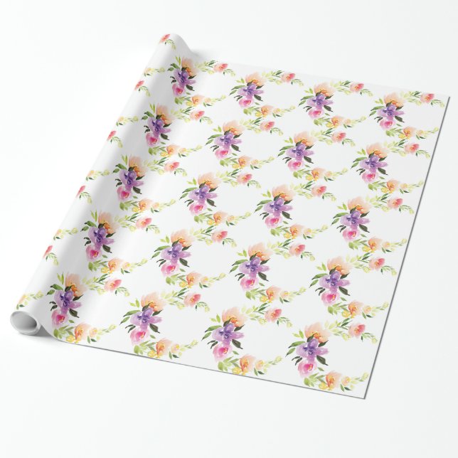 Pastel Watercolors Floral Wreath Pattern Wrapping Paper (Unrolled)
