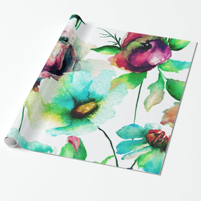Pastel Watercolors Roses & Flowers Pattern Wrapping Paper (Unrolled)