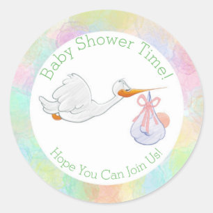 Pastel Watercolors Stork with Bundle Baby Shower Classic Round Sticker
