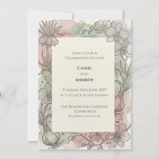 Pastel Watercolour Botanical Wedding Invitation (Front)