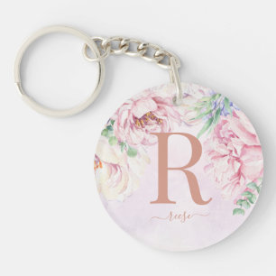 Pastel Watercolour Floral Monogram Photo Key Ring