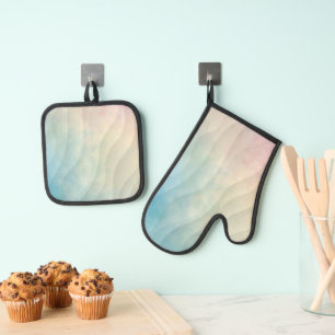 Pastel Watercolour Wavy Pattern Oven Mitt & Pot Ho Holder Set