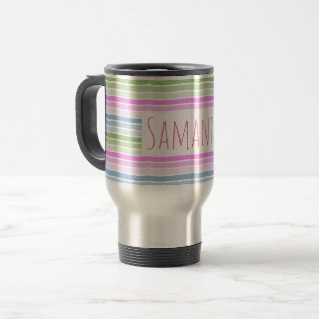 Pastel Wavy Striped Modern Personalised Travel Mug (Front Left)