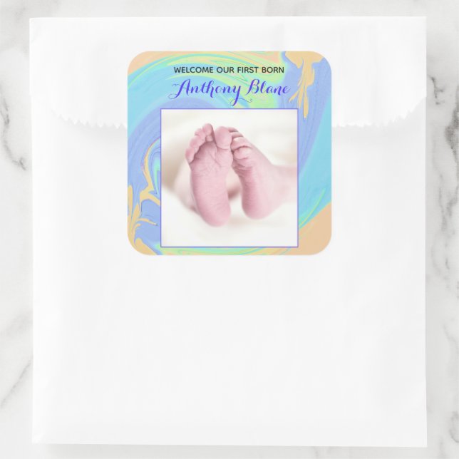 Pastel Welcome First Born Custom Photo Square Sticker (Bag)