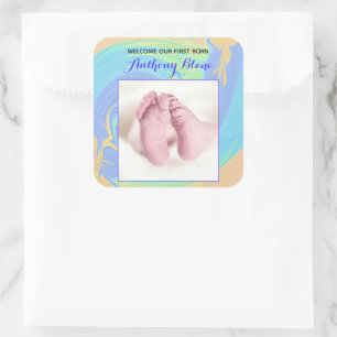 Pastel Welcome First Born Custom Photo Square Sticker