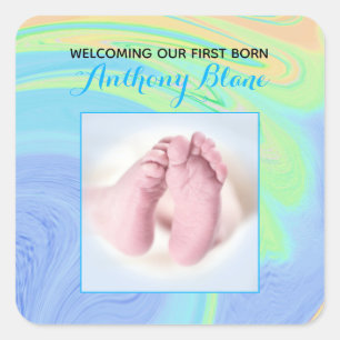 Pastel Welcome First Born With Photo Square Sticker