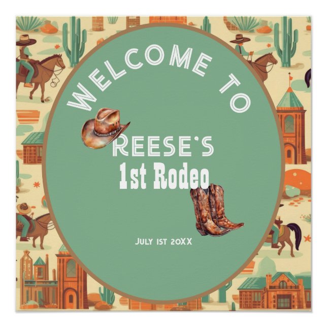 Pastel Western Rodeo Cowboy 1st Birthday Party Poster (Front)