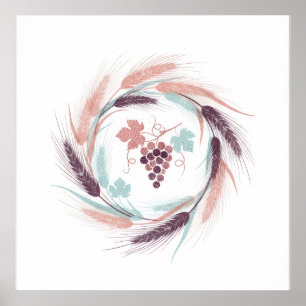Pastel Wheat Wreath Grapevine Botanical Poster