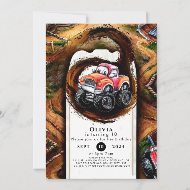 Pastel Wheels Monster Truck Birthday Invitation (Front)