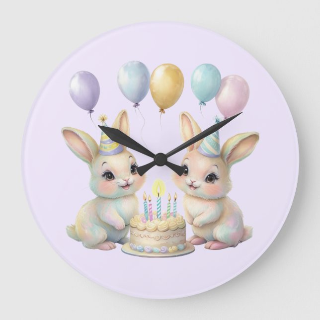 Pastel Whimsical Bunny Twins Birthday wall clock  (Front)