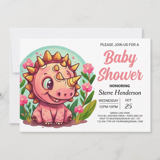 Pastel Whimsical Dinosaur Girl Baby Shower Invitation (Front)