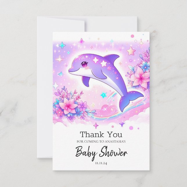 Pastel Whimsical Dolphin Baby Shower Thank You Card (Front)