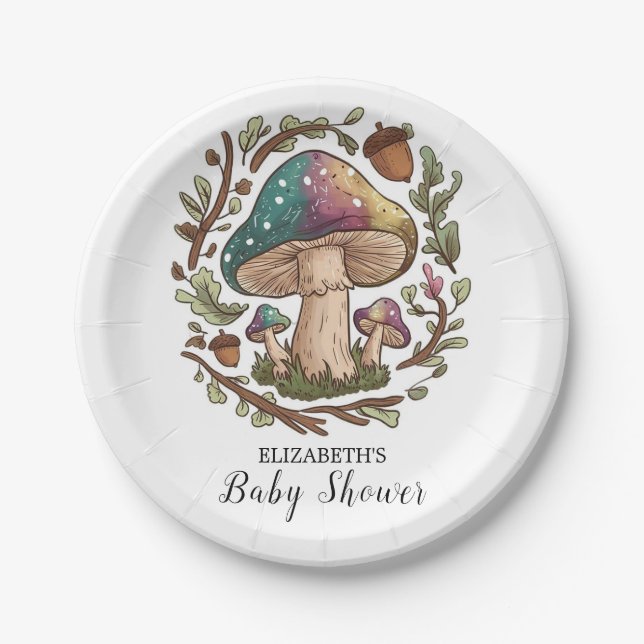 Pastel Whimsical Mushroom Baby Shower Paper Plate (Front)