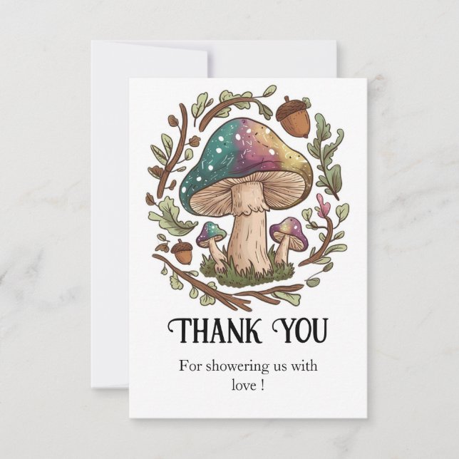 Pastel Whimsical Mushroom Baby Shower Thank You Card (Front)