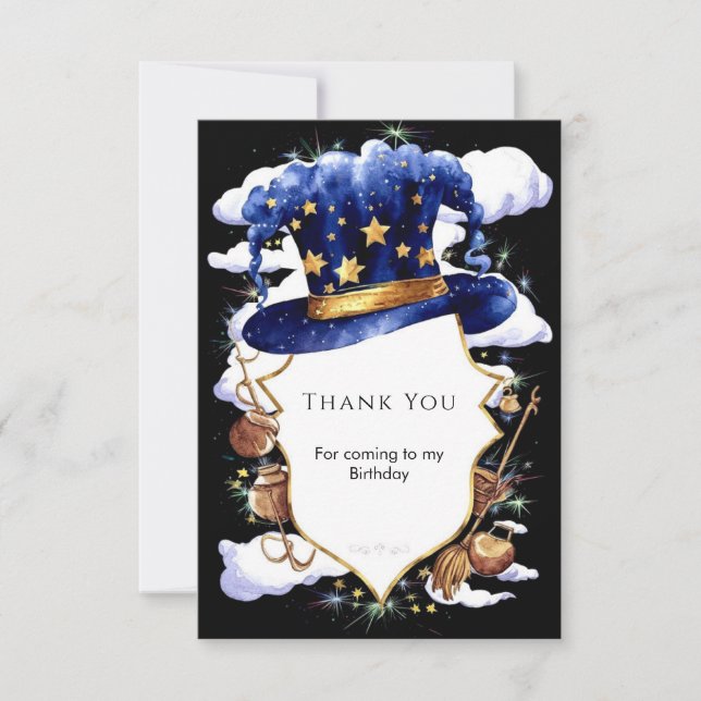Pastel Whimsical Watercolor Wizard Birthday Thank You Card (Front)