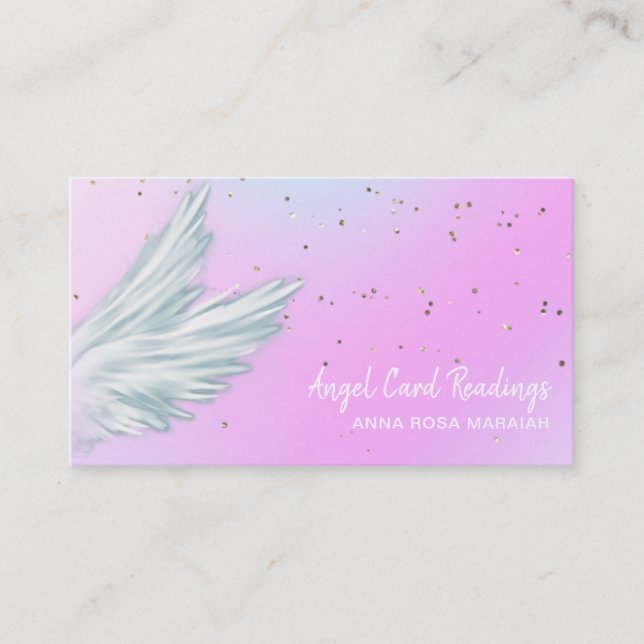*~*  Pastel White Angel Wings Starry Pink Rainbow Business Card (Front)