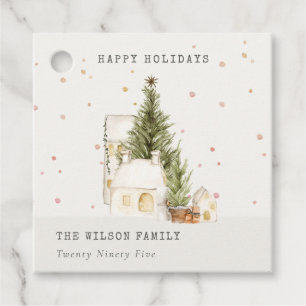 Pastel White Snow Tree Houses Seasons Greetings Favour Tags