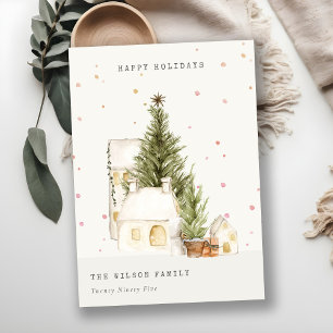 Pastel White Snow Tree Houses Seasons Greetings  Holiday Card