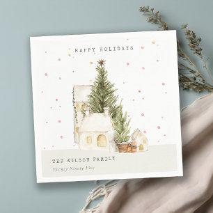 Pastel White Snow Tree Houses Seasons Greetings Napkin