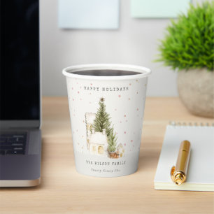Pastel White Snow Tree Houses Seasons Greetings Paper Cups