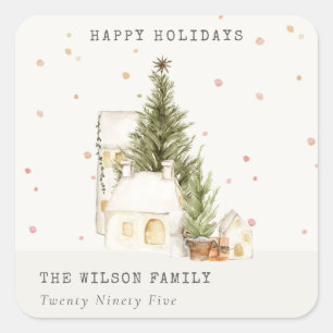 Pastel White Snow Tree Houses Seasons Greetings Square Sticker