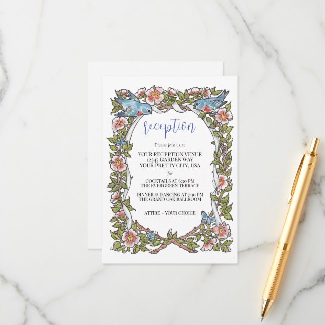 Pastel Wildflower Bird Border Wedding Reception Enclosure Card (Front/Back In Situ)