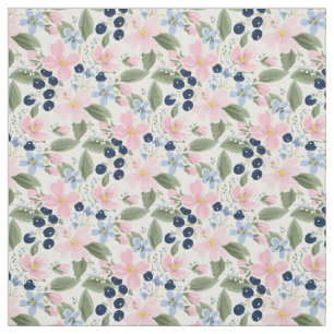 Pastel Wildflower & Blueberry Floral Pattern Fabric