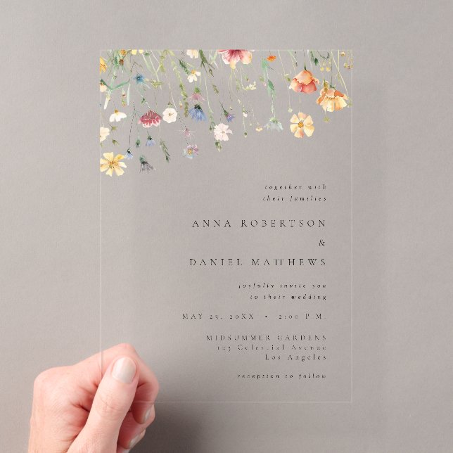 Pastel Wildflower Field Wedding Acrylic Invitations (Insitu (Handheld))