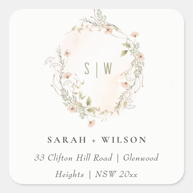 Pastel Wildflower Floral Monogram Wreath Address Square Sticker (Front)