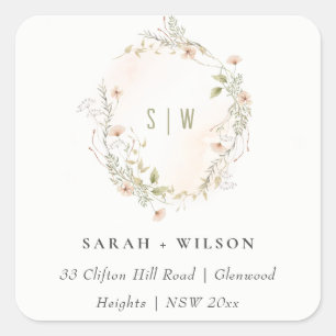 Pastel Wildflower Floral Monogram Wreath Address Square Sticker