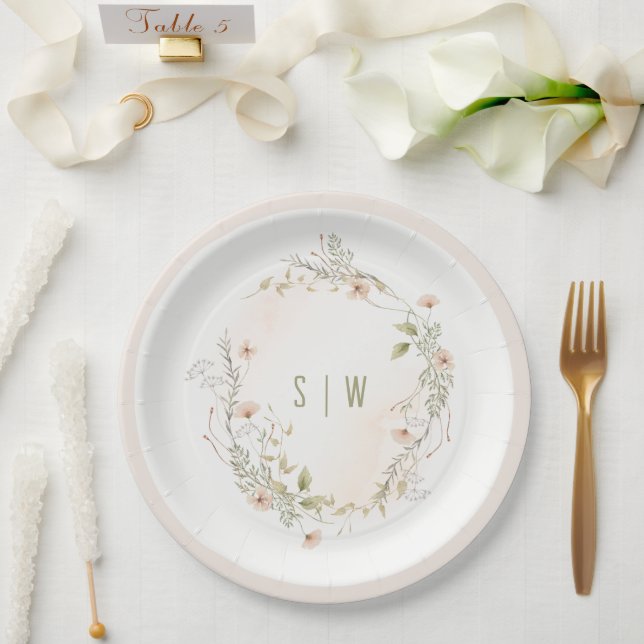 Pastel Wildflower Floral Monogram Wreath Wedding Paper Plate (Wedding)