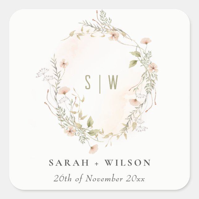 Pastel Wildflower Floral Monogram Wreath Wedding Square Sticker (Front)