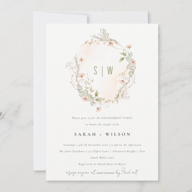 Pastel Wildflower Floral Wreath Engagement Invite (Front)
