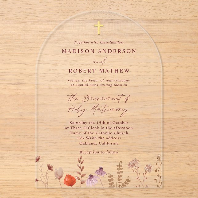 Pastel Wildflower Garden Catholic Wedding Acrylic Invitations (Front)