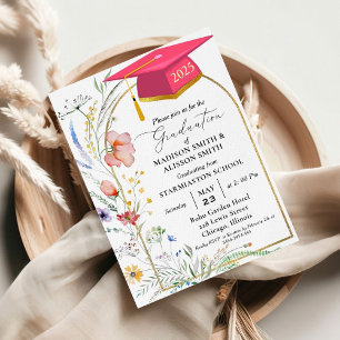 Pastel Wildflower Garden Twin  Graduation Party Invitation