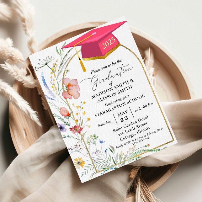 Pastel Wildflower Garden Twin  Graduation Party Invitation (Creator Uploaded)