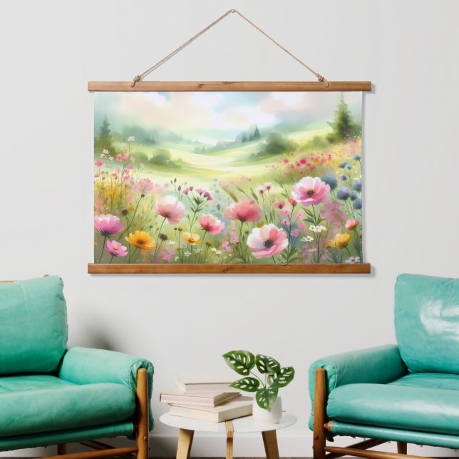 Pastel Wildflower Meadow Landscape Hanging Tapestry (Living Room)